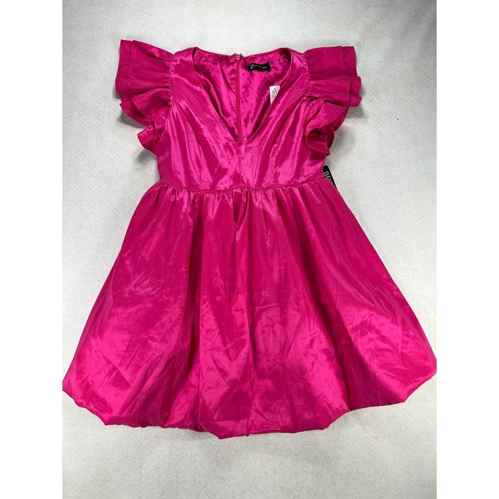 New York & Company Hot Pink Ruffle Bubble Hem Mini Dress Large NWT V-Neck Party